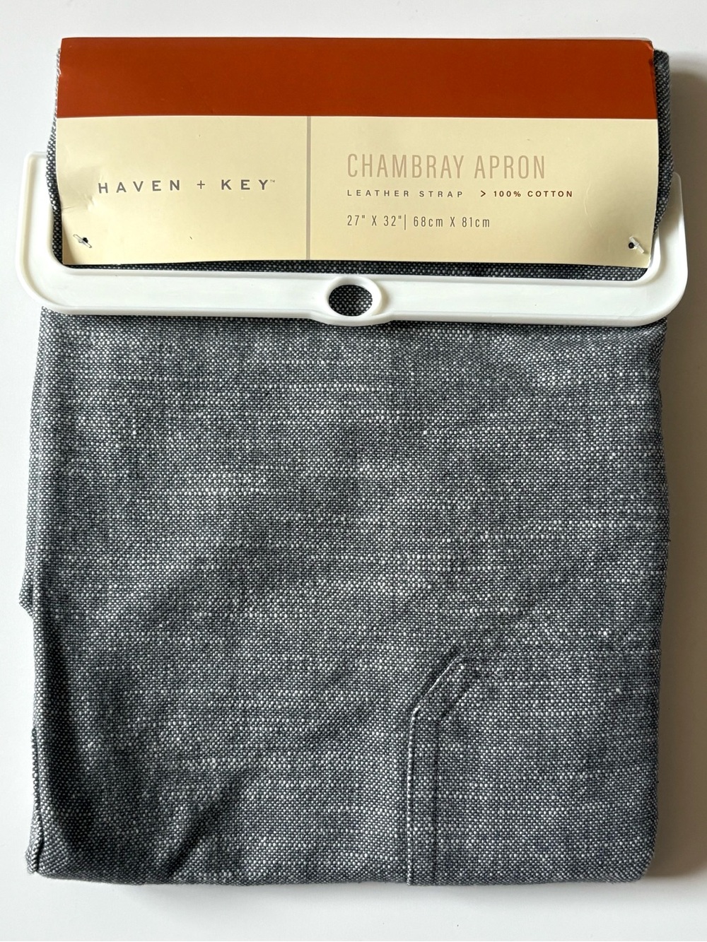 Haven Key Chambray Chef Apron Gray Cotton Leather Strap Pockets Kitchen 27x32